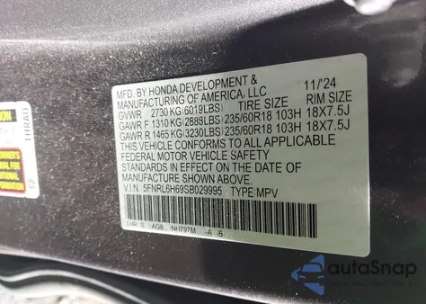 2025 Honda Odyssey Ex-L z USA, uszkodzony, nr VIN 5FNRL6H69SB029995